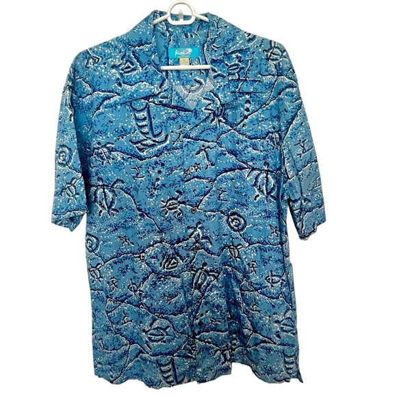 Kai Hawaiian Button-Up Shirt Men's Size XL Geometric Turtle Short‎ Sleeve Blue - Picture 1 of 5